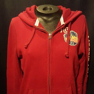 Hollister Early 2000s Burgundy Zip Up Graphic Hooded Sweatshirt